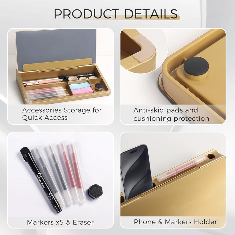 TOWON Small Compact Glass Desktop Whiteboard with Storage – 12 x 7 in Dry Erase Board for Desk, Home Office, School | Includes 5 Markers, Eraser & Holder | Space-Saving Organizer, Metallic Gold - Image 3